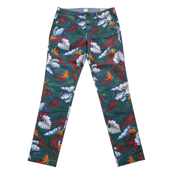 GAP Mens Chino Pants 34x34 Green Floral Slim Flat Front Casual Tropical Vacation - Picture 1 of 7